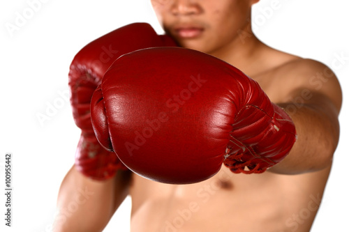 Muay Thai boxing male boxer isolated on white backgrounds © dangdumrong