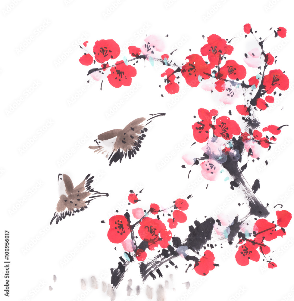 Traditional chinese painting Spring plum blossom and birds