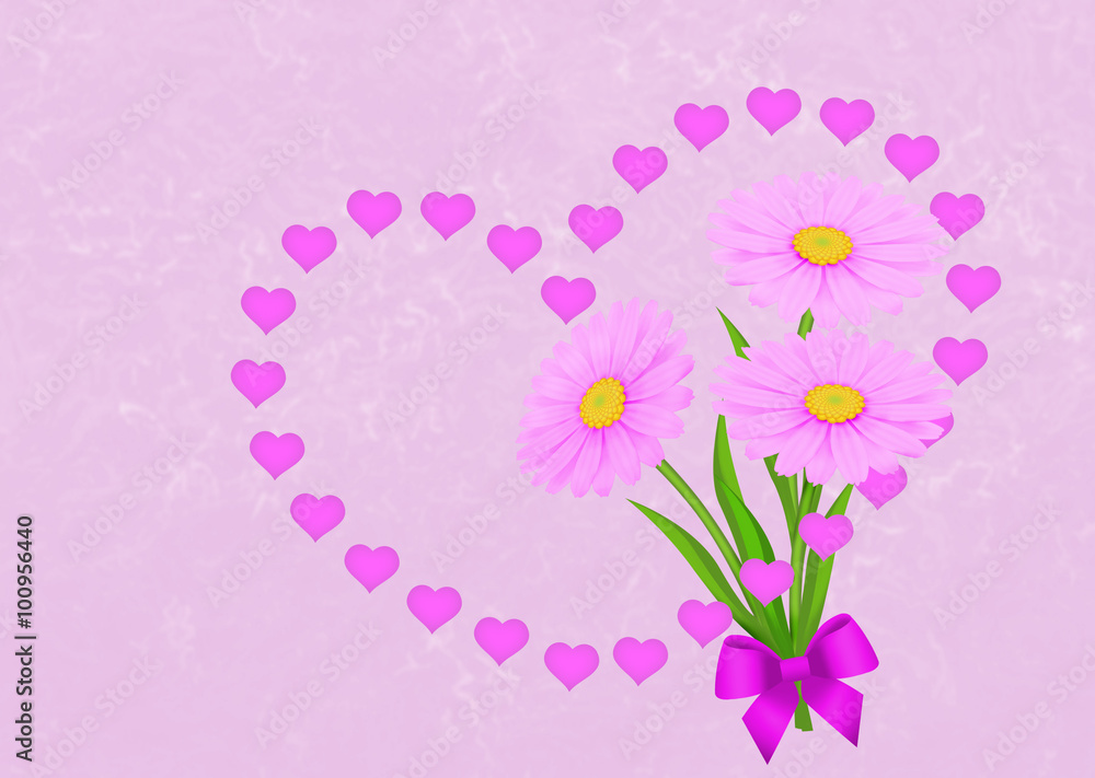 Greeting card pink background with garland of hearts and daisies.
