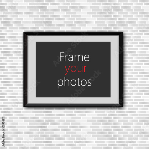 Realistic photo frame isolated on a brick background. Ideal for presentations. Vector illustration