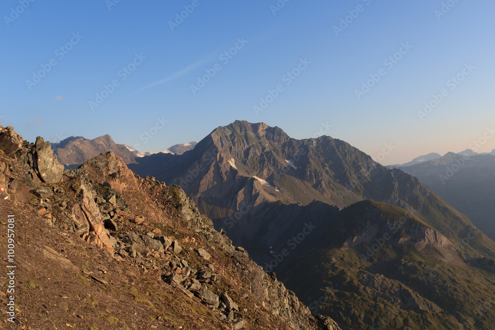 Mountain panorama at sunrise in Hohe Tauern Alps, Austria