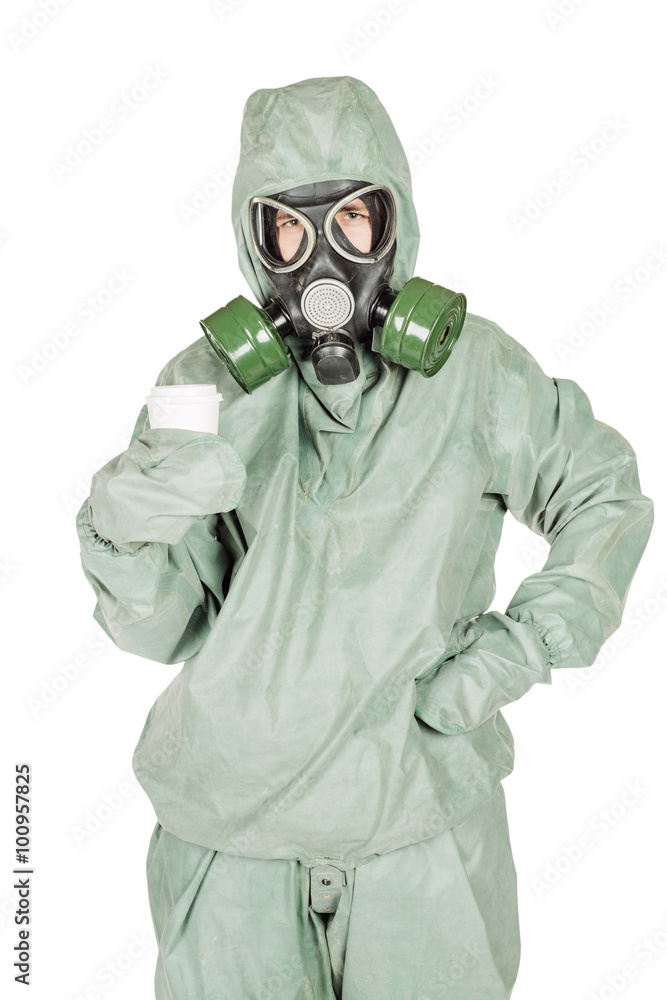 Man with protective mask and protective clothes shows a fork for Man with protective mask and protective clothes shows a fork for