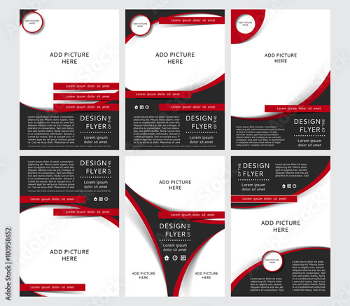 Set of Vector design of the black flyers, cover, brochure, poster, report with places for pictures with red elements. Vector templates for your business in A4 size.
