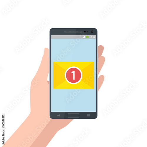 Vector background of email message. Vector illustration. Human hand holds mobile smartphone device with new email message.