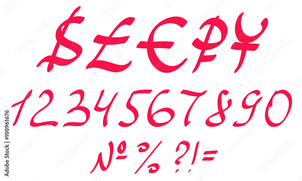 vector red hand drawn numbers and currencies: dollar, pound, euro, rouble, yen, numbers isolated on white