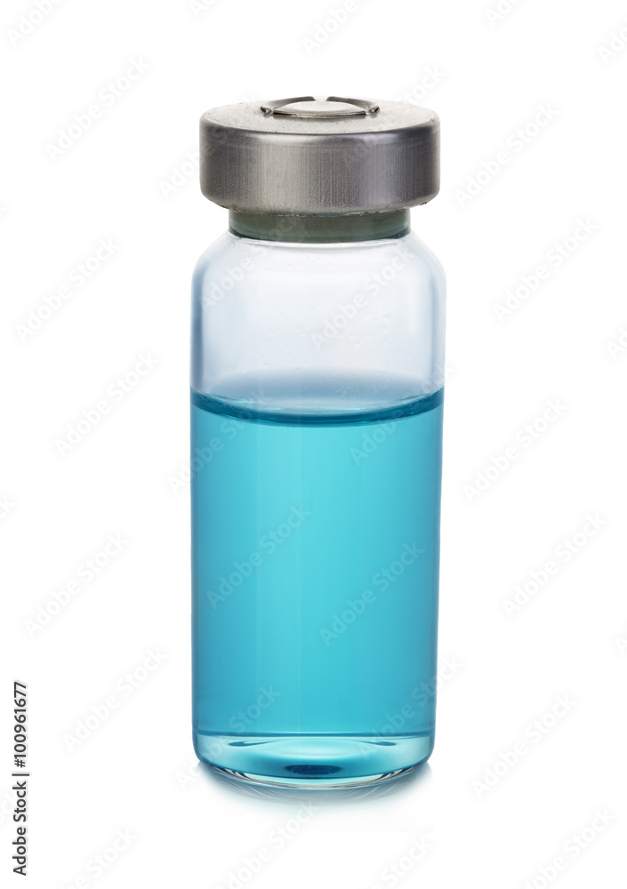 Vial with blue solution isolated on a white background. Vial with blue solution isolated on a white background.