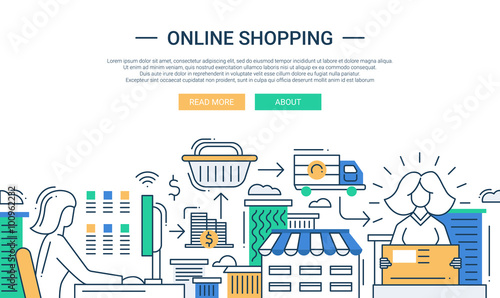 Online shopping line flat design banner with a purchase process