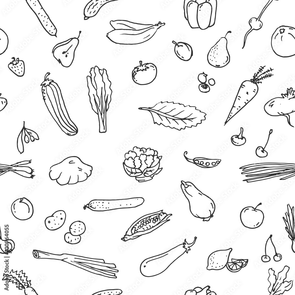 Seamless pattern Fruits and vegetables. Sketch set Seamless pattern Fruits and vegetables. Sketch set