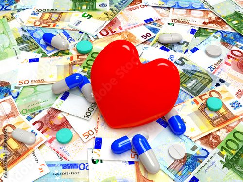 Red heart with pills on background of euro bills.