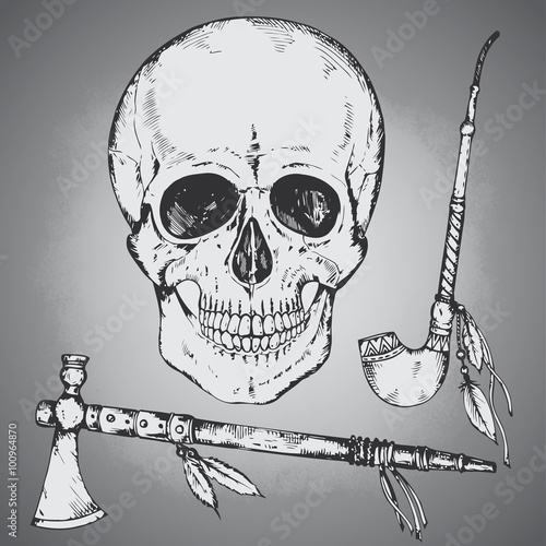 Set of hand drawn vector human skull, tomahawk and calumet