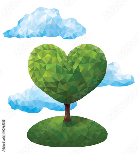 Geometric tree in the shape of a heart in the style of a triangular low poly