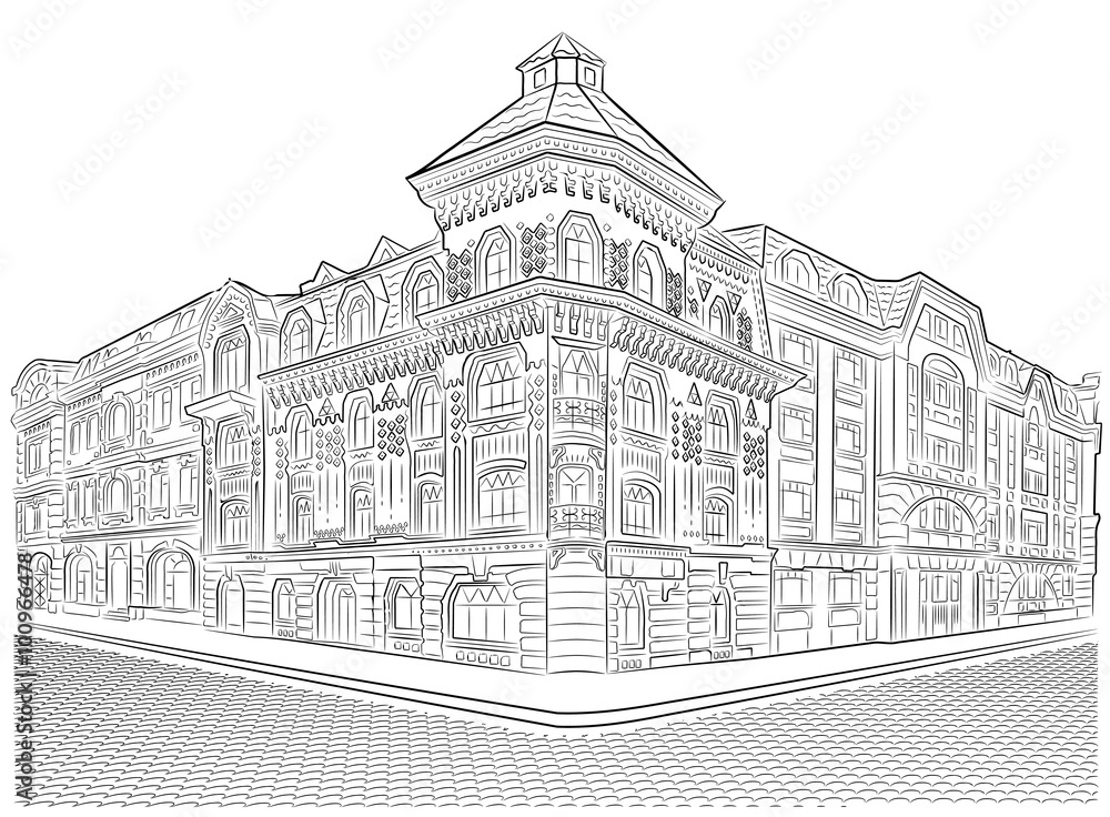 Detailed old buildings on the street corner Detailed old buildings on the street corner