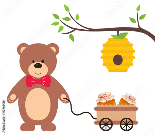teddy with a wheelbarrow and honey jar and bee house on a branch