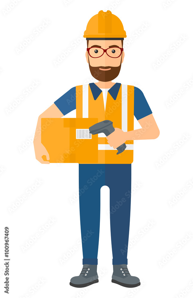 Worker checking barcode on box. Worker checking barcode on box.