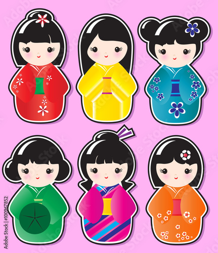 Kokeshi doll stickers in various designs on pink background. EPS10 in vector format.
