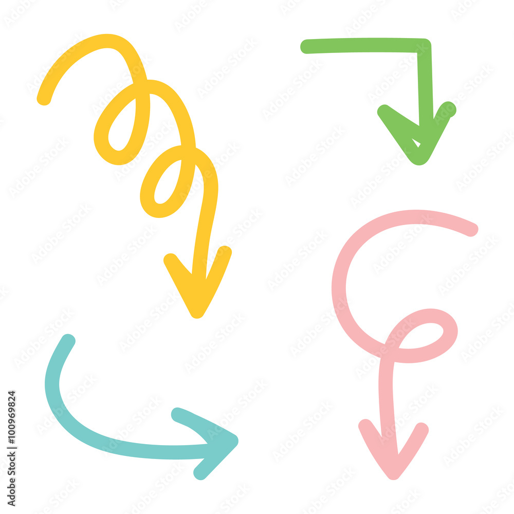 Set of colorful hand drawn arrows isolated on white background. Set of colorful hand drawn arrows isolated on white background.