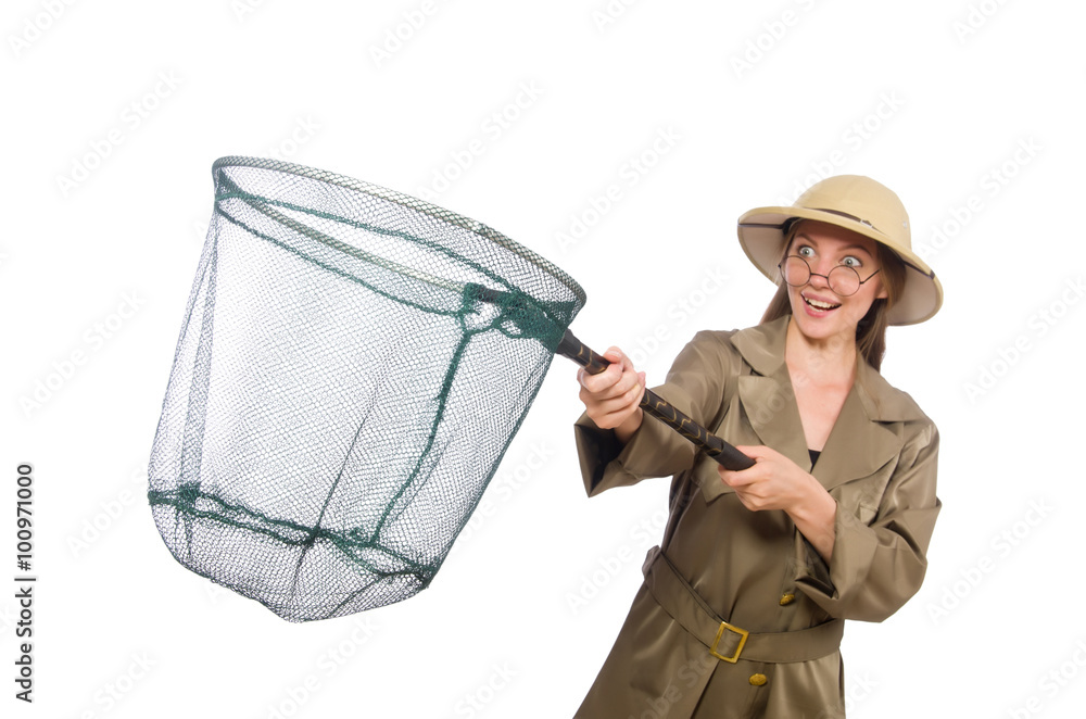 Woman wearing safari hat on white Woman wearing safari hat on white