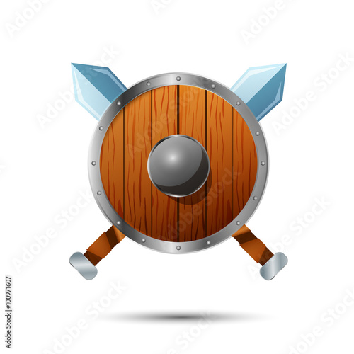 Round wooden shield with crossed swords
