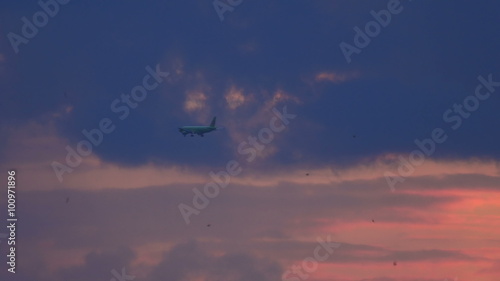 Boeing 737 landing at sunset in the city photo