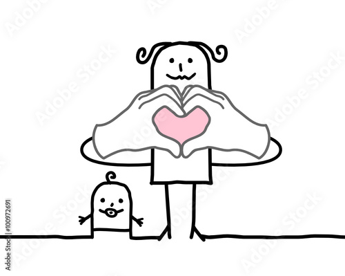 cartoon mother making  heart sign with her fingers