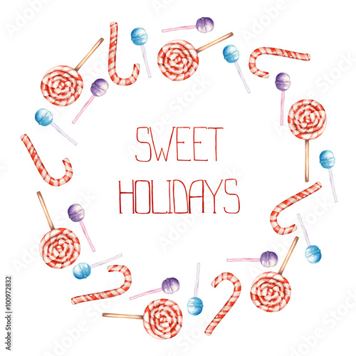 A frame border, wreath with the isolated watercolor striped red-white lollipop and candy cane. Painted hand-drawn on a white background. photo