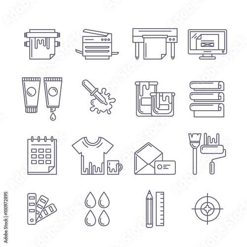 Vector outline printing icons set. Printer, plotter, paints and