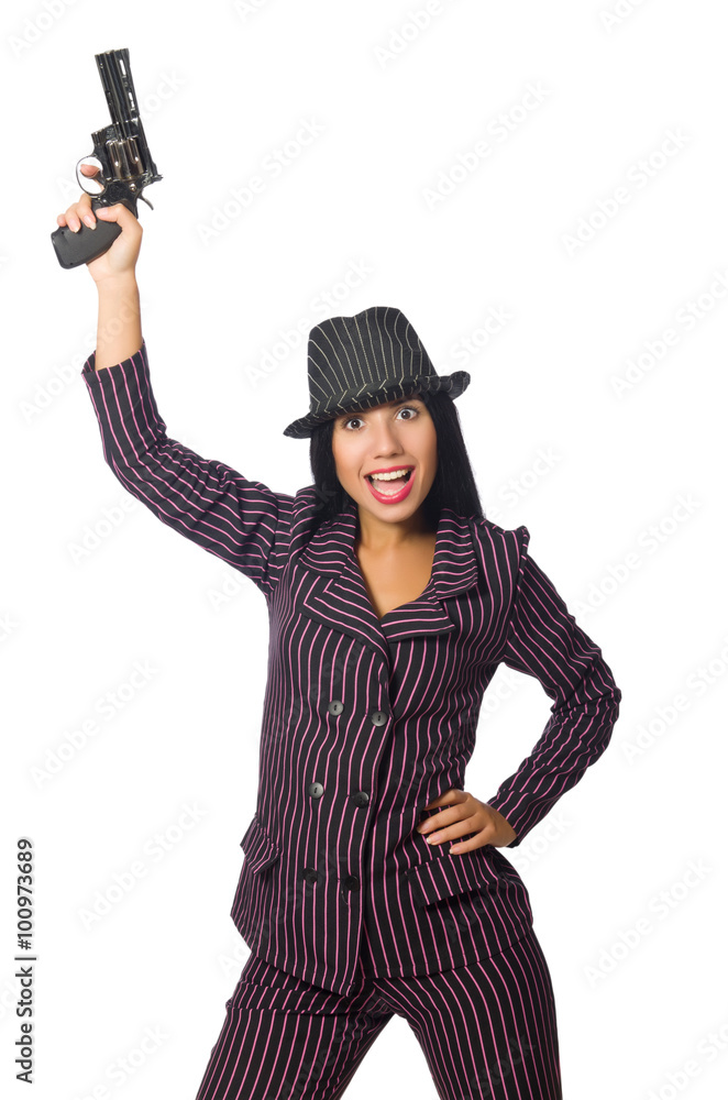 Gangster woman with gun isolated on white