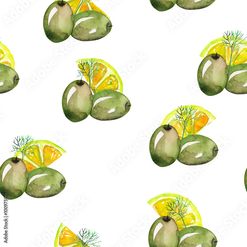 A seamless pattern with the hand-drawn green olives and lemons. Painted in a watercolor on a white background.