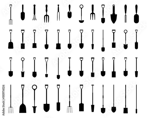 Black silhouettes of shovels and villas, vector