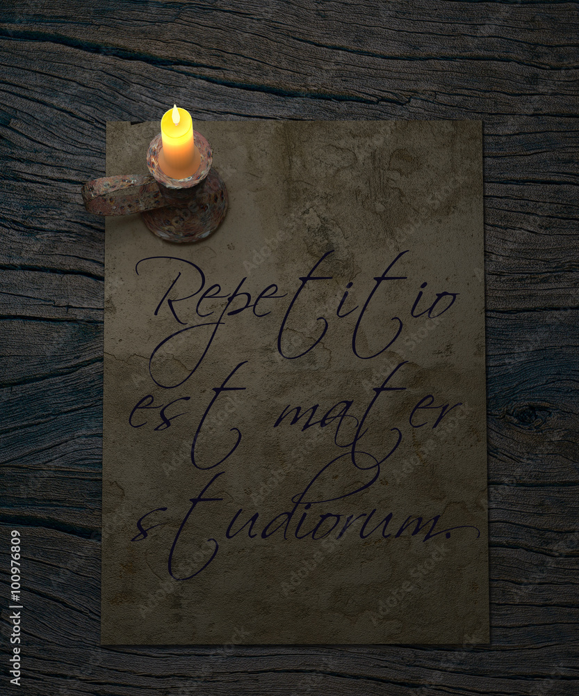Repetitio est mater studiorum latin proverb. Repetition is the mother of  study. Old paper and candle on rustic wooden table. Stock Illustration |  Adobe Stock