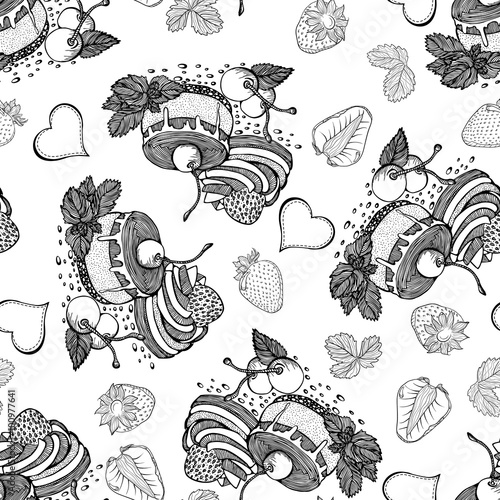 Seamless monochrome pattern with cakes with cherries and strawberries