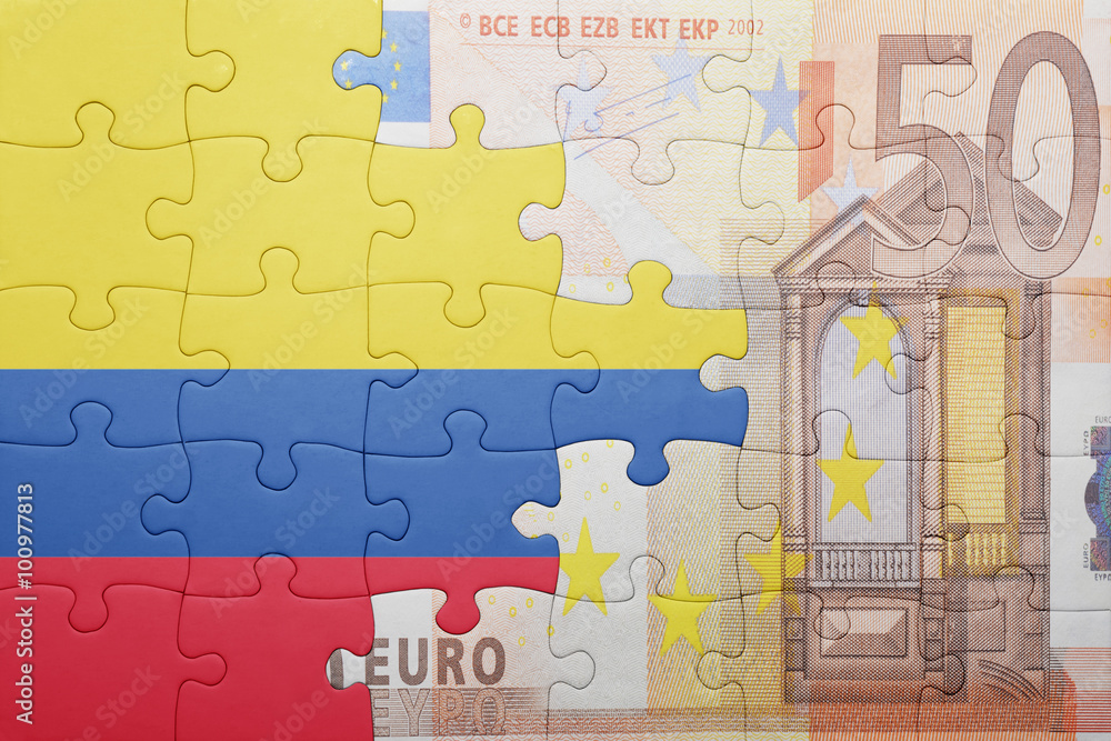 puzzle with the national flag of colombia and euro banknote