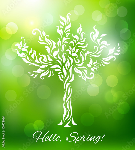 Spring background with blooming tree. Vector illustration.