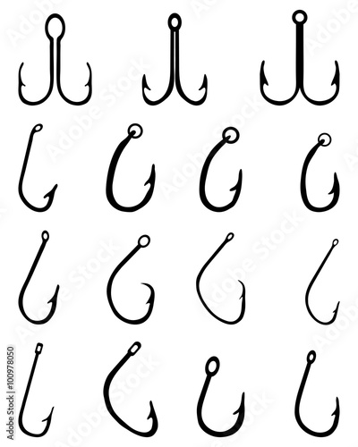 Black silhouettes of fishing hooks, vector