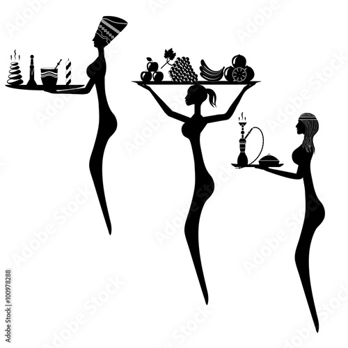 Silhouette of three women with trays on which there are fruits,