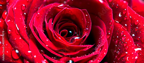 The middle of a red rose with water drops on petals, a gorizntal