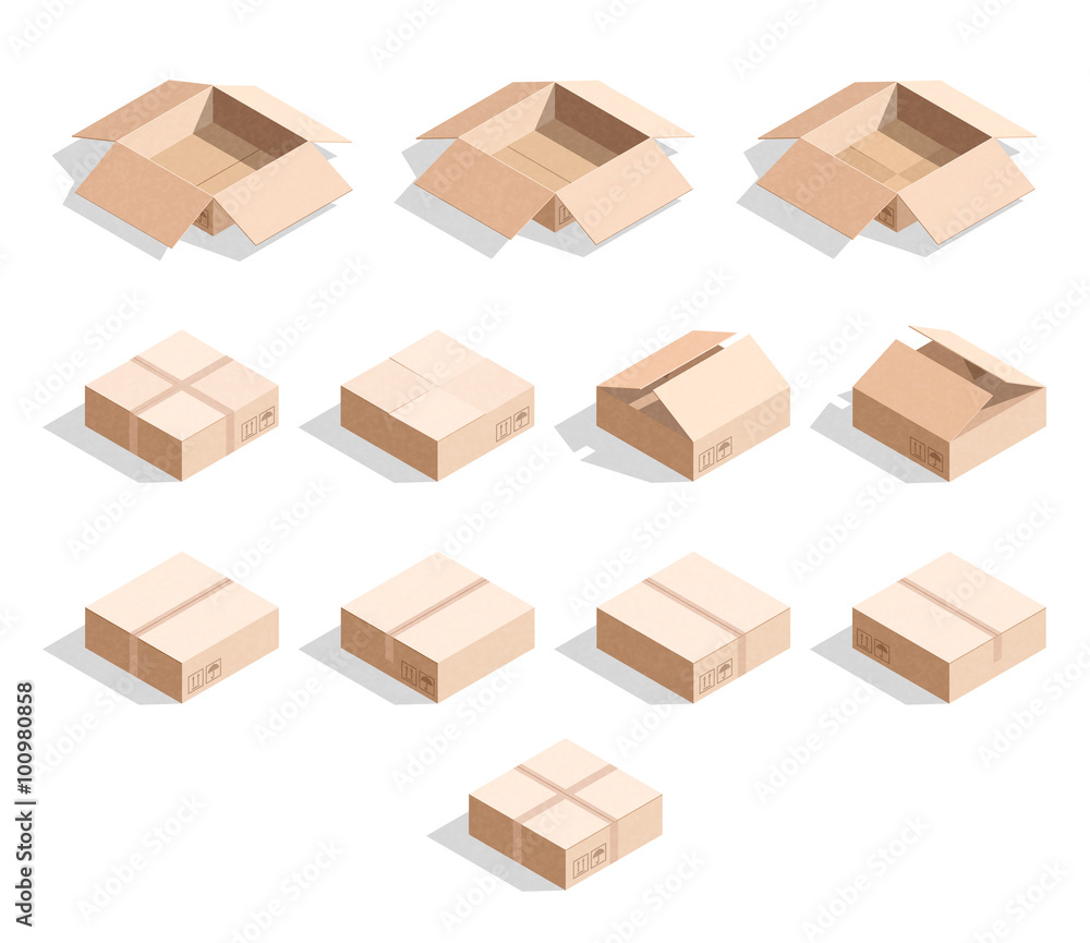 Set of 12 realistic isometric cardboard boxes with texture Set of 12 realistic isometric cardboard boxes with texture