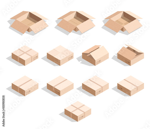 Set of 12 realistic isometric cardboard boxes with texture