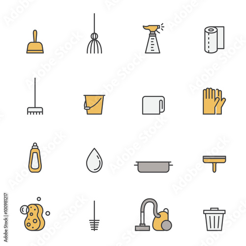 Cleaning outline gray and yellow vector icons set. Modern minimalistic design.