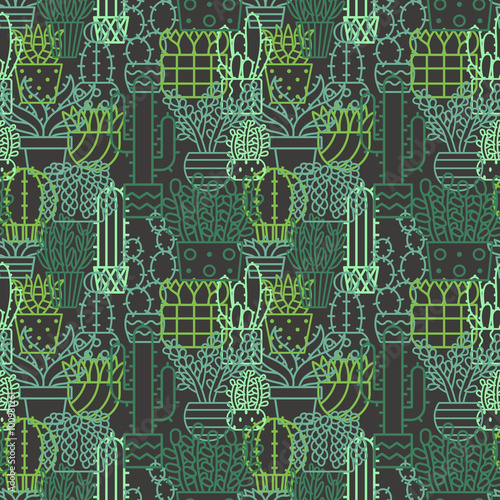 Succulents and cacti outline vector seamless pattern. Modern minimalistic design.