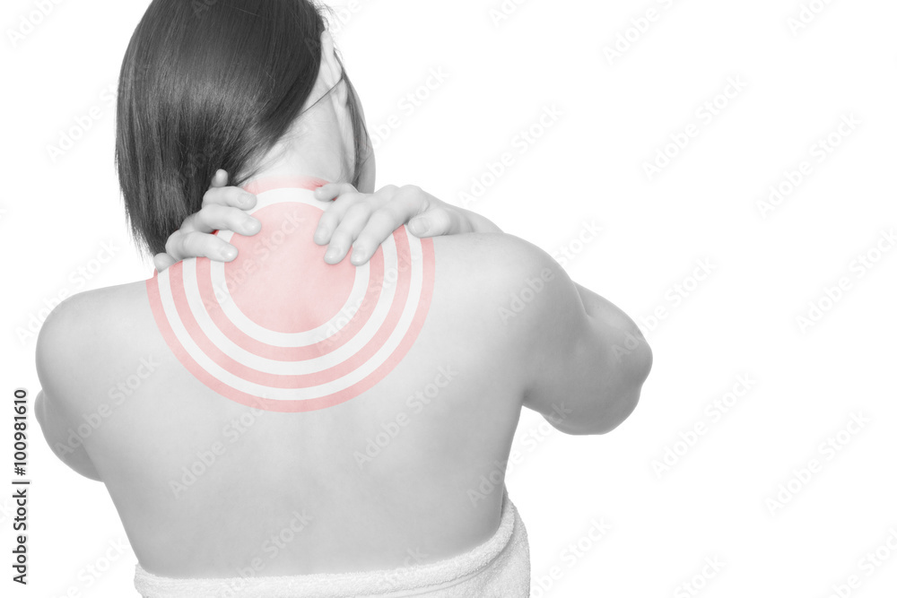 Frau mit Schmerzen im oberen Rücken und Nacken Stock Photo Adobe Stock