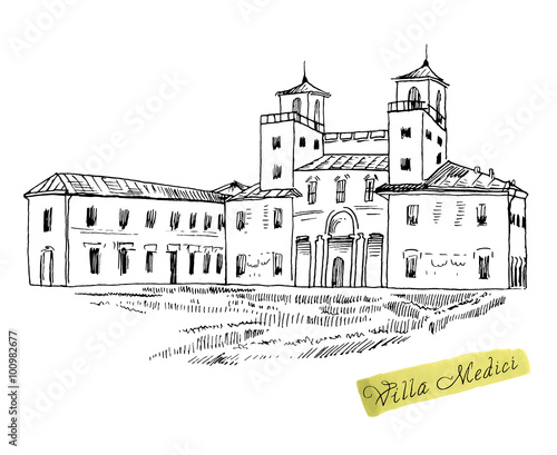 Italian landmark Villa Medici isolated ink sketch.