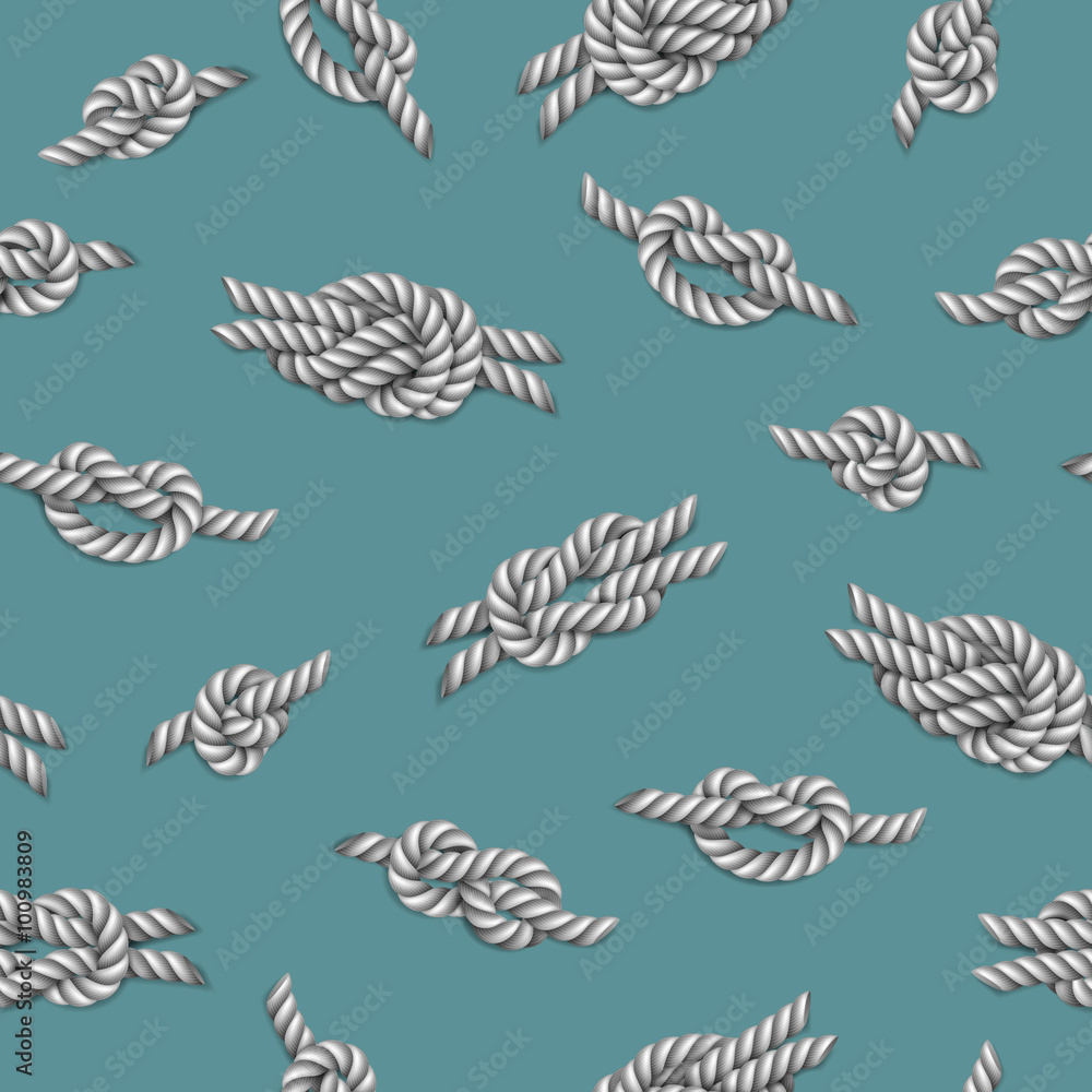 Fototapeta premium Seamless pattern with white ropes and marine knots over green background, vector illustration