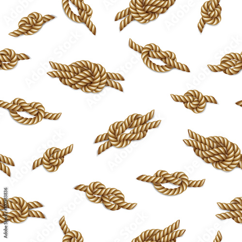 Seamless pattern with yellow ropes and marine knots over white background, vector illustration