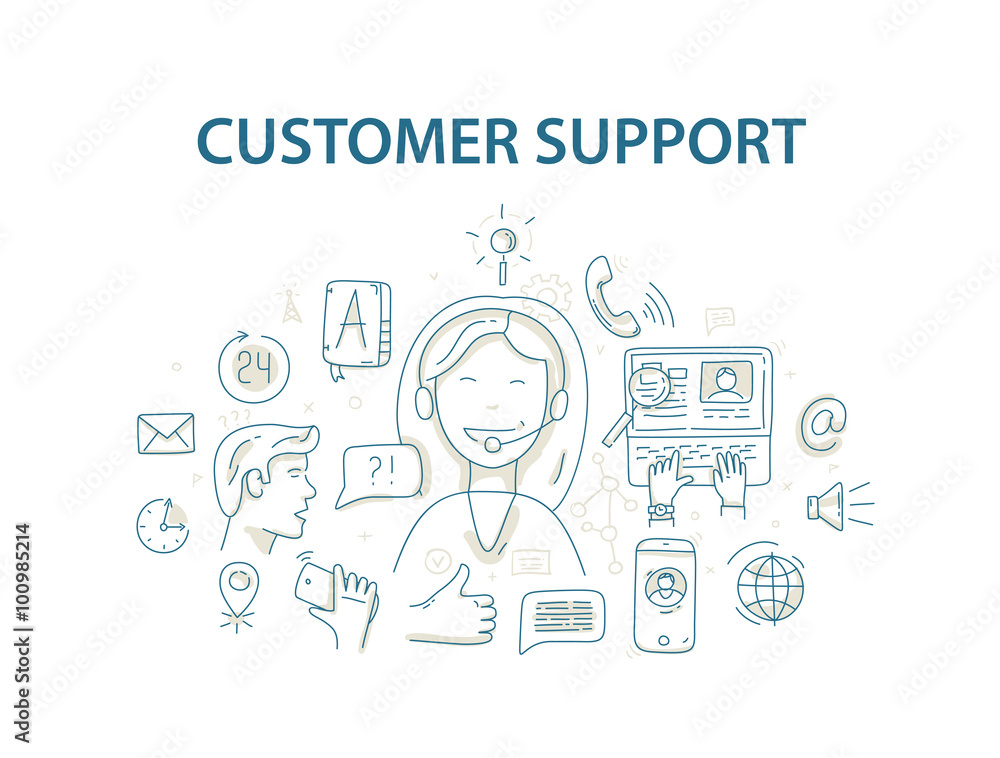 Doodle style vector illustration concept for customer support service Doodle style vector illustration concept for customer support service