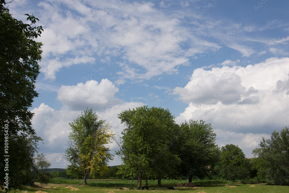 View on Hungarian landscape in the province of Somogy with a blue sky with clouds. View on Hungarian landscape in the province of Somogy with a blue sky with clouds.