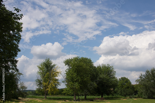 View on Hungarian landscape in the province of Somogy with a blue sky with clouds.