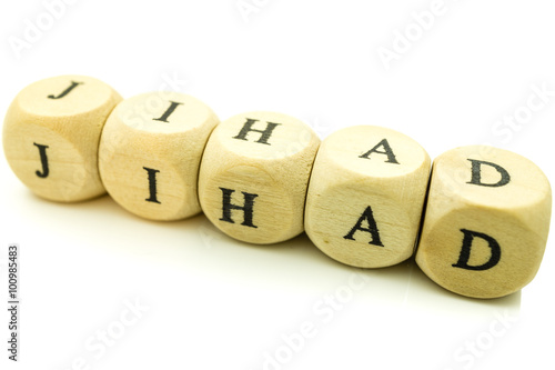 Tableau sur toile Jihad letter on wooden blocks against white background