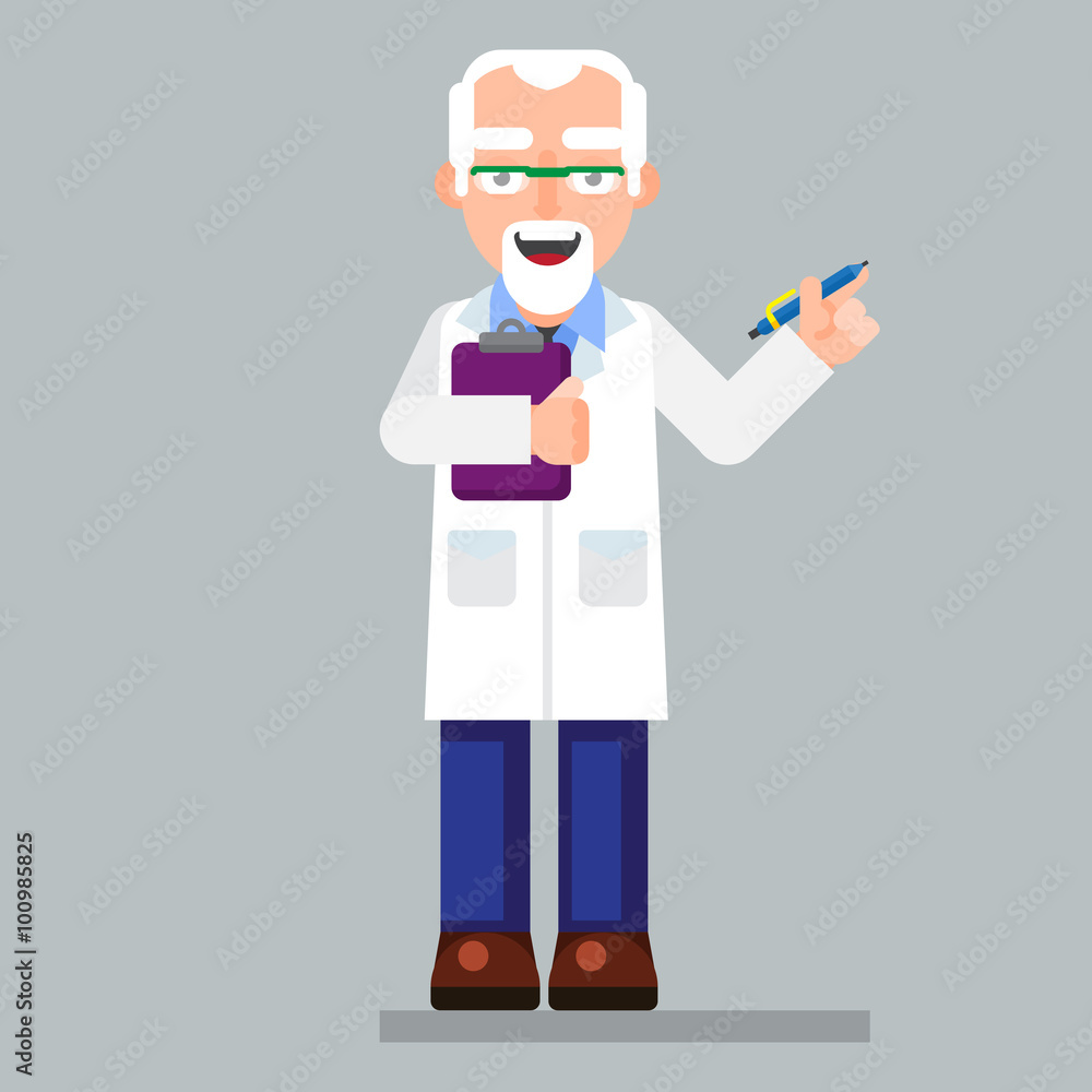 old scientist character wearing glasses and lab coat with pen old scientist character wearing glasses and lab coat with pen