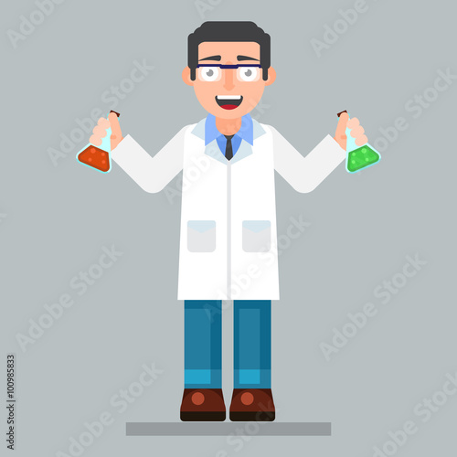  scientist character wearing glasses and lab coat with chemicals